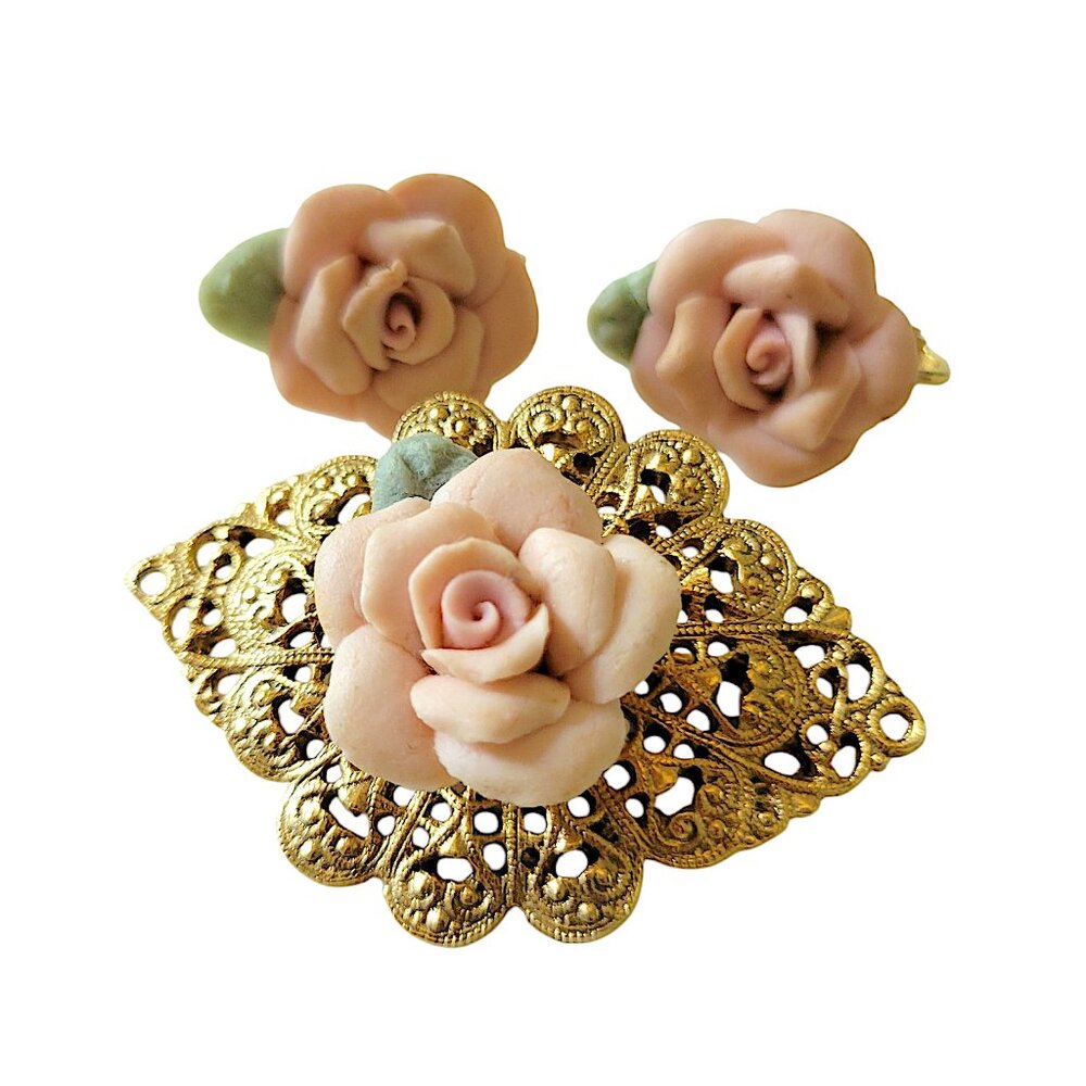 Porcelain Roses Brooch and Clip Earrings Set Vintage Wedding Jewelry